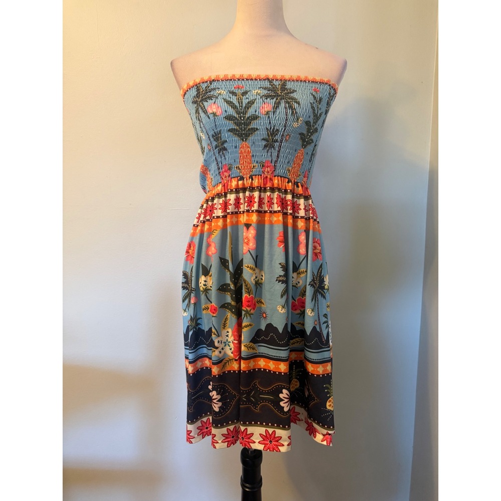 Tropical Smocked Tube Dress Blue Floral Palm Tree Pineapple Strapless boho S y2k